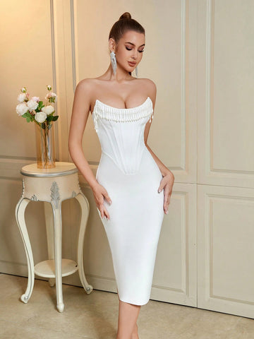 ADYCE Strapless Beaded Fishbone Decor Backless Bandage Dress For Prom And Party