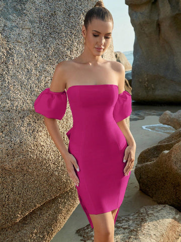 ADYCE Strapless Bubble Sleeve Bodycon Party Dress With Bow-Knot Detail