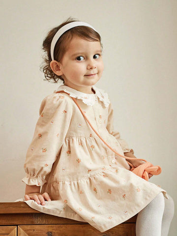 A Cute French Country Style Princess Fairy Tale Polyester Flower Embroidery Rabbit Print Sweet And Lovely Doll Collar Turn-Down Collar Long Sleeve Princess Dress For Girls Vacation And Leisure In Spring And Autumn