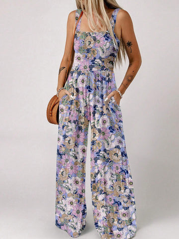 Acelitt Summer Fashion Floral Print Square Neck Sleeveless Wide Leg Jumpsuit