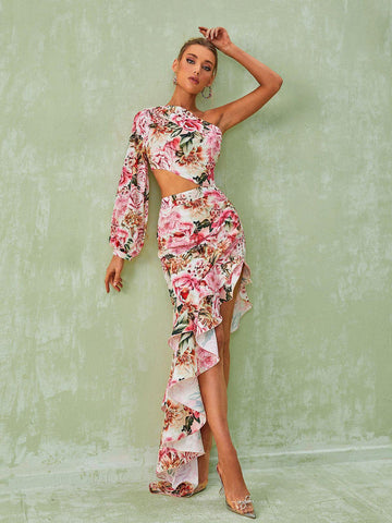 Aiyana One Shoulder Floral Maxi Dress In Pink
