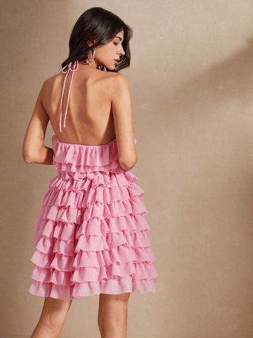 Anewsta Pink Multi-Layer Mesh Halter Backless Elegant Romantic And Gentle Ladies Dress