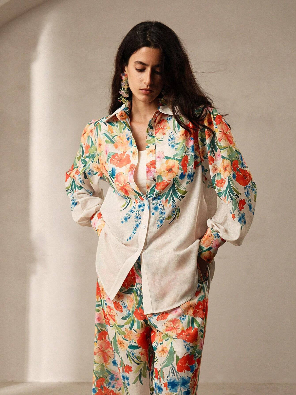 Anewsta Romantic Floral Print Women Shirt And Pants Two Piece Set For Vacation