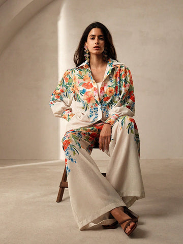 Anewsta Romantic Floral Print Women Shirt And Pants Two Piece Set For Vacation