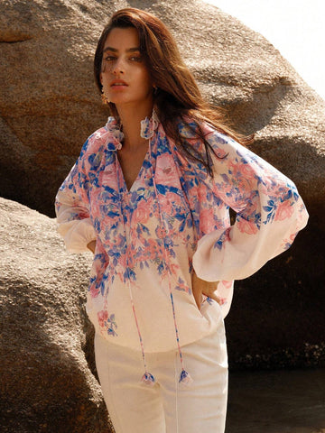 Anewsta Women Floral Printed Shirt With Decorated Lace Collar