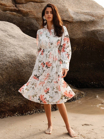Anewsta Women's Floral Print Stand Collar Long Sleeve Elegant Dress With Flounced Hem For Spring/Summer