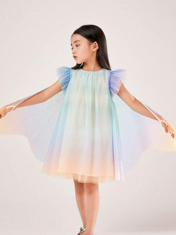 Annil Children's Summer Dream Purple Gradient Short Sleeved Mesh Princess Dress