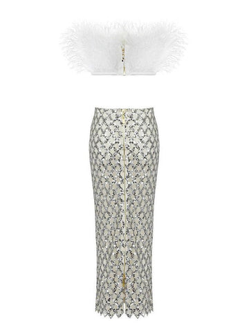 Ansley Strapless Feather Mesh Skirt Set In White
