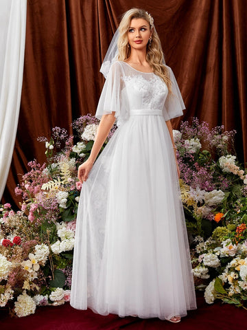 Contrast Guipure Lace Mesh Tube Wedding Dress Without Veil