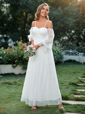 Appliques Contrast Sequin Cold Shoulder Flounce Sleeve Wedding Dress