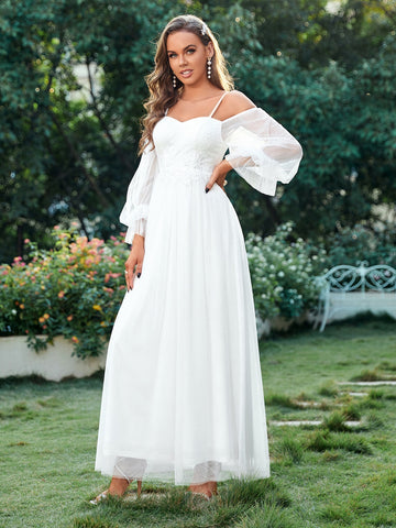 Appliques Contrast Sequin Cold Shoulder Flounce Sleeve Wedding Dress