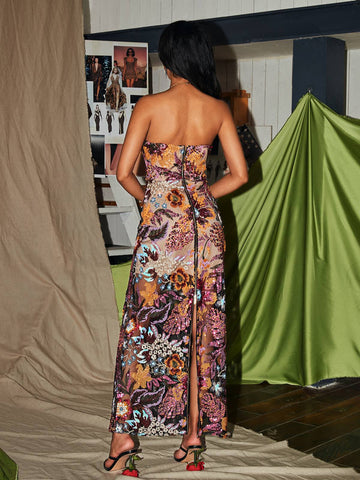 Arbor Strapless Floral Sequin Embroidered Maxi Dress