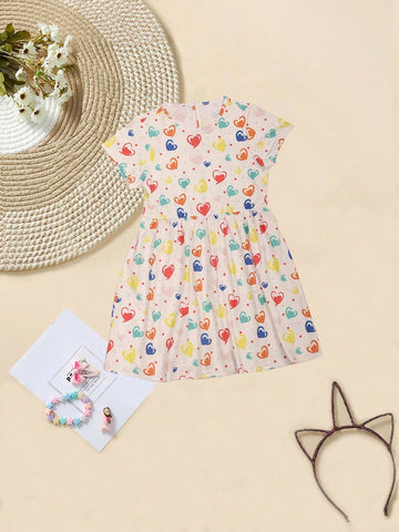 Baby Girl Summer Short Sleeve Dress, Round Neck, Soft Fabric, Comfortable, Cool, Minimalist, Fashionable Style With Heart-Shaped Printed Pattern