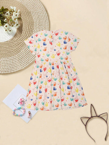Baby Girl Summer Short Sleeve Dress, Round Neck, Soft Fabric, Comfortable, Cool, Minimalist, Fashionable Style With Heart-Shaped Printed Pattern