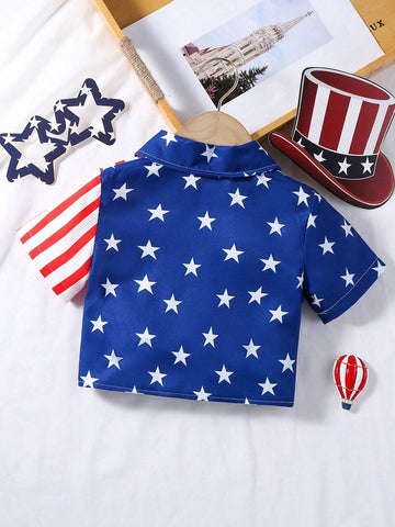 Back-To-School Season Young Girls' Casual Beach Vacation Slim Fit American Flag Printed Short Sleeve Twisted Front Collared Shirt, Summer