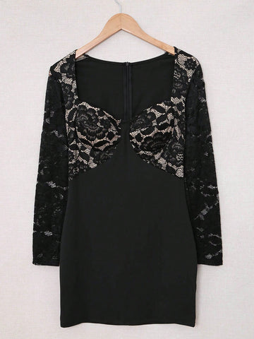 Black Lace Splicing Long Sleeve Bodycon Mini Dress