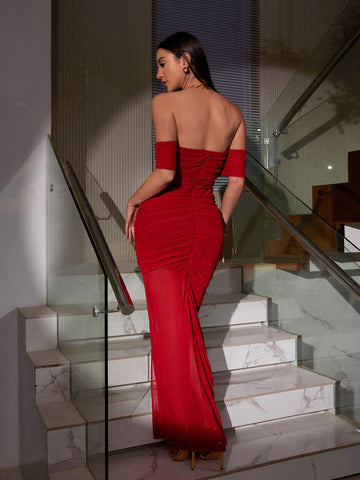 Camille Mesh Ruched Off Shoulder Gown In Red