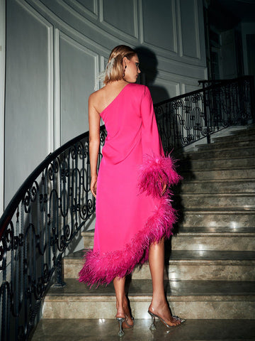 Ceridwen One Shoulder Feather Trimmed Midi Dress In Hot Pink