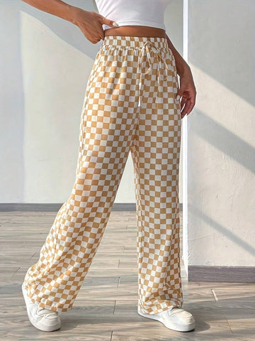 Checkered Print Casual Loose High Waist Wide Leg Pants With Tie