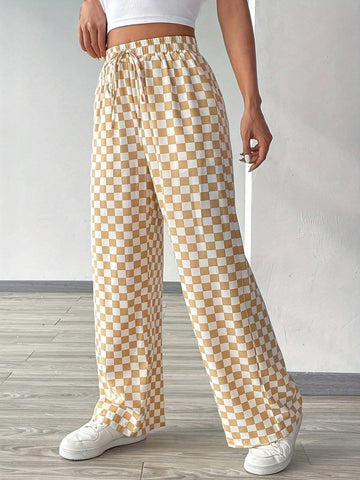 Checkered Print Casual Loose High Waist Wide Leg Pants With Tie