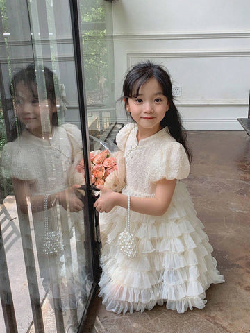 Chen Chen Mom Girl Bubble Sleeve Cake Dress 2024 Summer New Children High-End Princess Dress And Dress 4123D Apricot