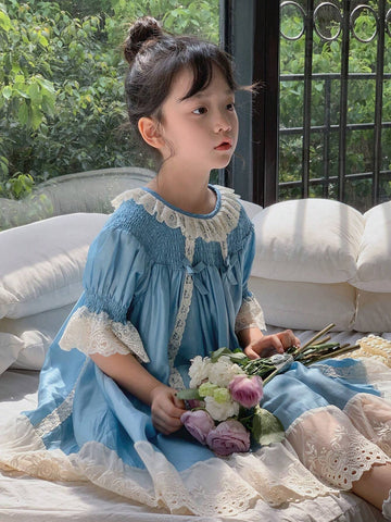 Chen Chen Mom Girls" Clothing Heavenly Silk French Short Sleeve Dress Baby Fashionable Princess Dress 2024 New Summer Outfit 3982D Blue
