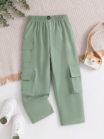 Children Day Green Streetwear Young Girl Cargo Pants With Multiple Pockets, Straight Trousers