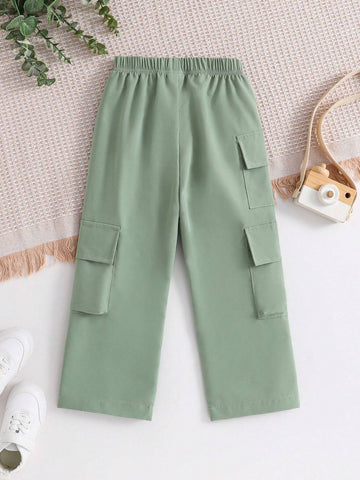 Children Day Green Streetwear Young Girl Cargo Pants With Multiple Pockets, Straight Trousers
