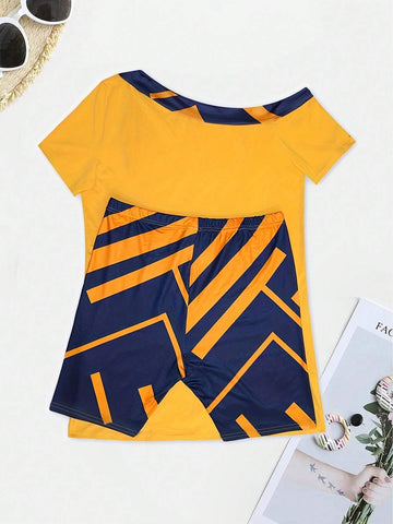 Color Block Asymmetric Neckline Top And Shorts Set With Letter Print For Summer Casual Wear