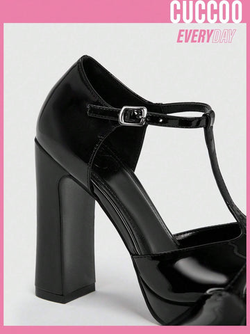 Cuccoo Everyday Collection Women's Shoes Minimalist Platform Chunky Heeled Fahsion Black Mary Jane Pumps