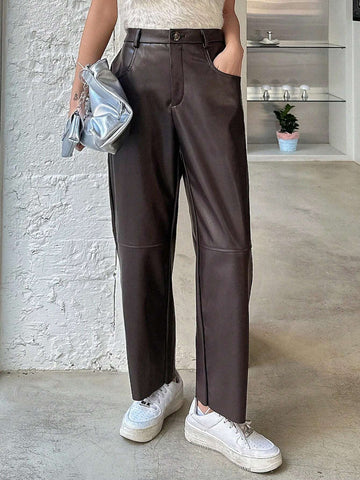 DAZY Solid Color Pu High-Waist Cropped Pants