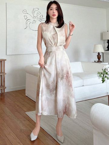 DAZY Women 2-Piece Chiffon Printed Sleeveless Top And A-Line Skirt Set