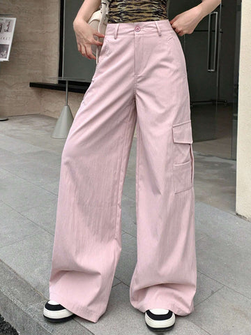 DAZY Women Casual Solid Color Flap Pocket Wide Leg Pants