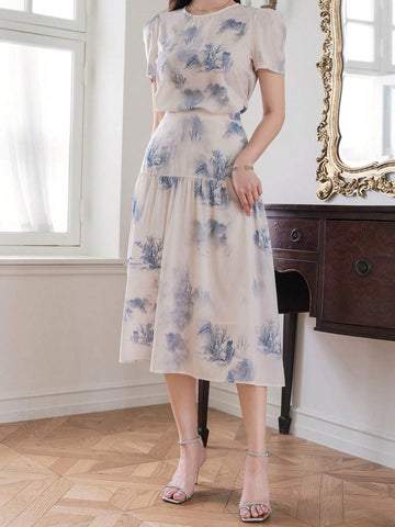 DAZY Women Fashionable Elegant Printed Top And Skirt Set