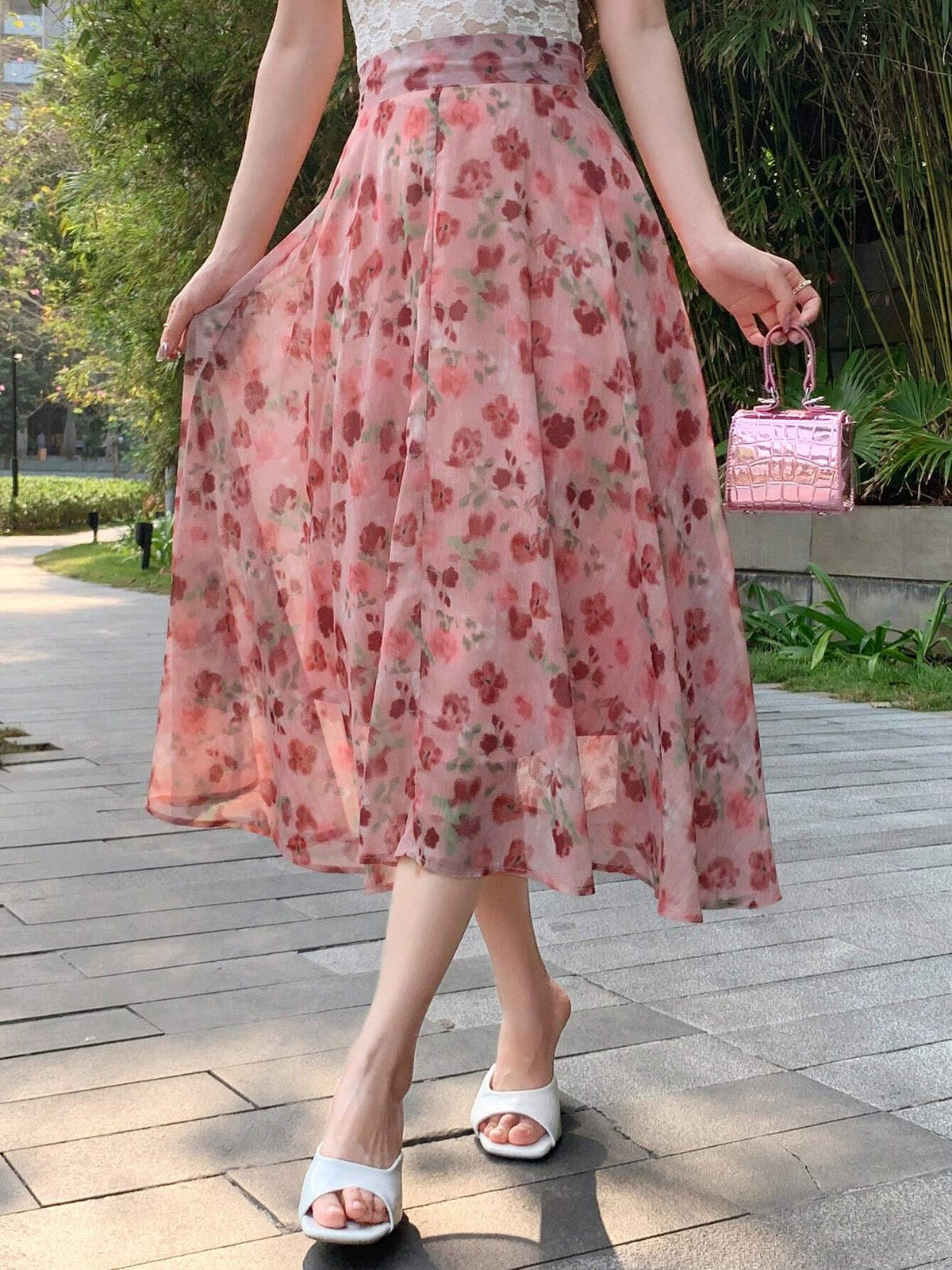 DAZY Women Irregular Floral Chiffon Skirt Mid-Length High Waist A-Line Skirt