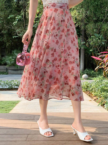 DAZY Women Irregular Floral Chiffon Skirt Mid-Length High Waist A-Line Skirt
