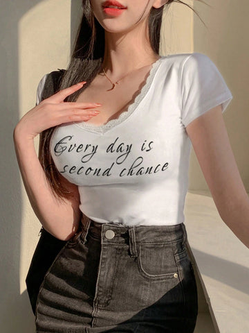DAZY Women Lace Patchwork Slim Fit Casual T-Shirt