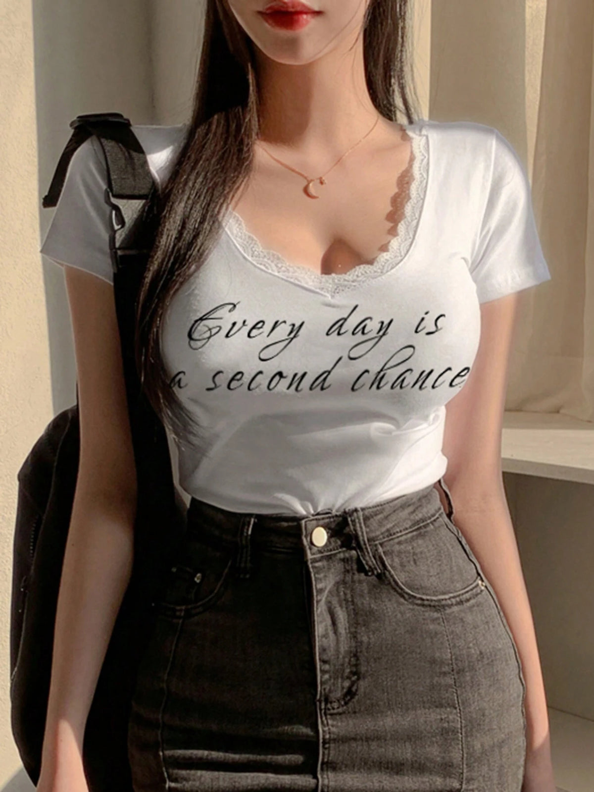 DAZY Women Lace Patchwork Slim Fit Casual T-Shirt