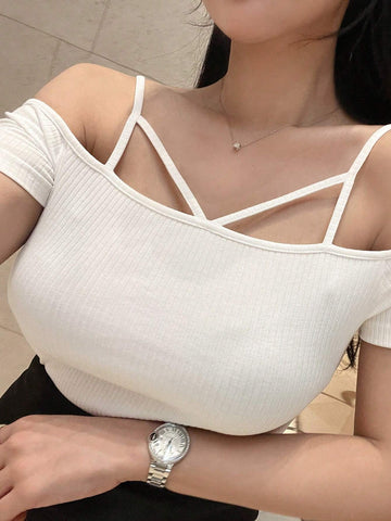 DAZY Women Round Neck Pure Color Hollow Out Cold Shoulder Sleeve T-Shirt