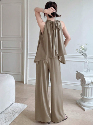 DAZY Women Solid Color Asymmetrical Hem Halter Top + Pants Two Piece Set