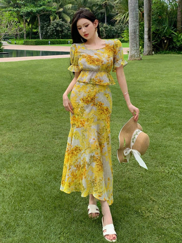 DAZY Women Summer Chiffon Bubble Sleeve Floral Print High Low Skirt Two-Piece Set