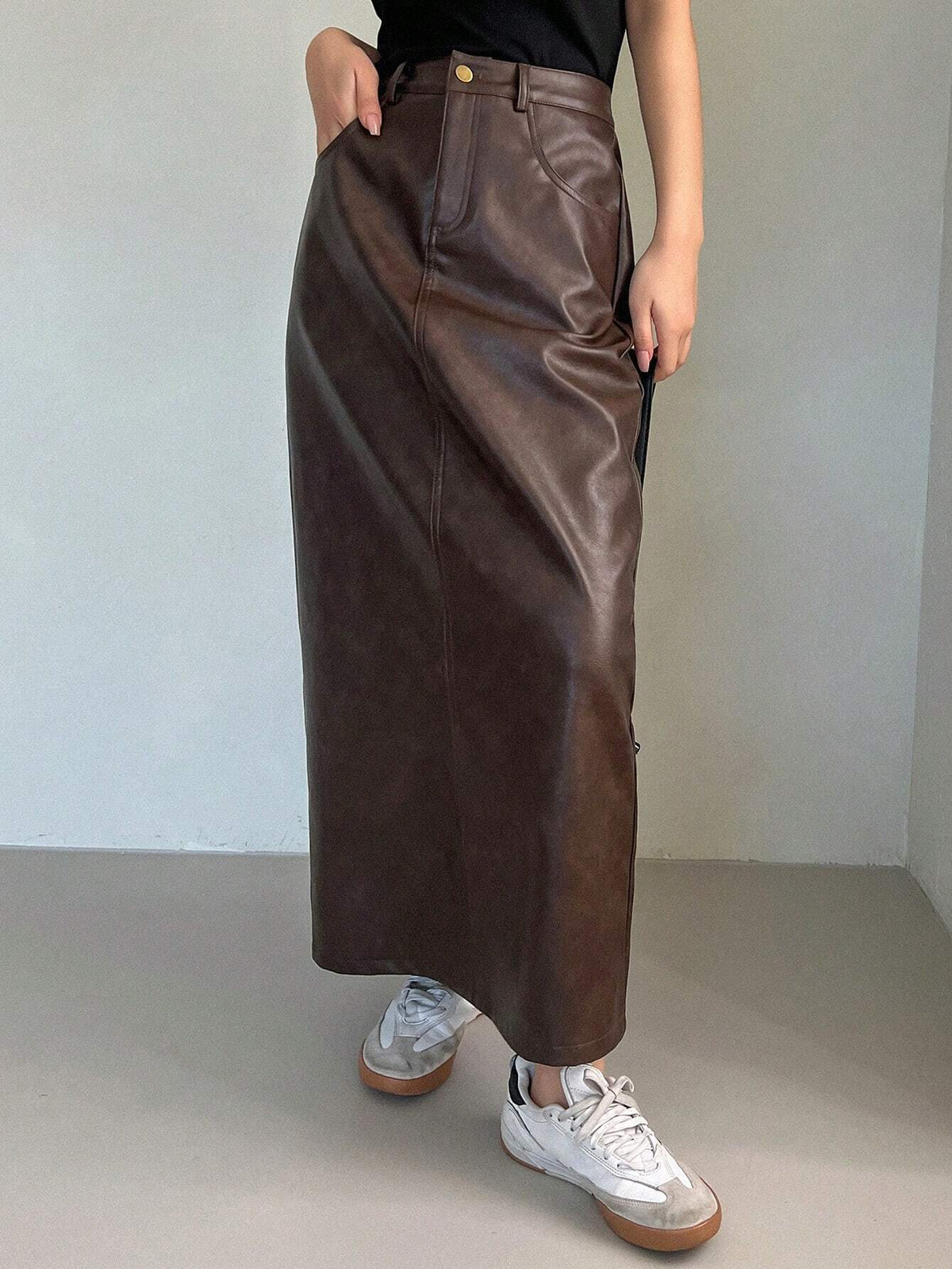 DAZY Women's Pu Leather Midi Skirt With Pockets
