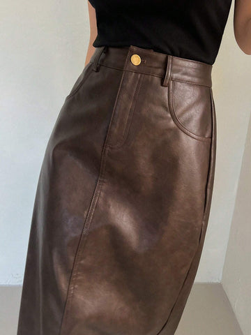 DAZY Women's Pu Leather Midi Skirt With Pockets
