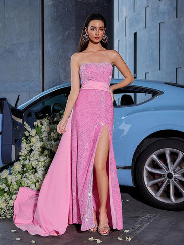 D&M Gorgeous Glitter Knitted Long Train Dress With Ruffled Hem, High Slit, Strapless Neckline, Perfect For Evening Party