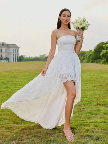 D&M Lace Strapless Wedding Dress With Pleated Hard Mesh, Sweep Train And Concealed Zipper Back