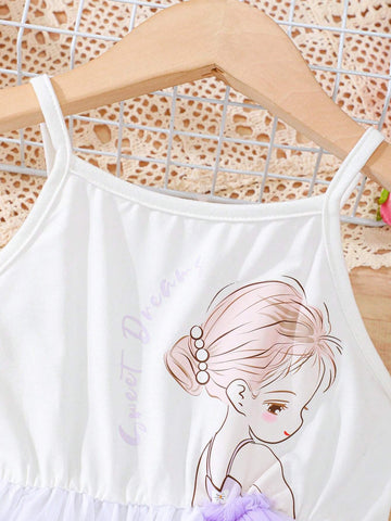 Design-Sense Girls Spaghetti Straps Dress With Voile And Letter/Girl Pattern For Summer