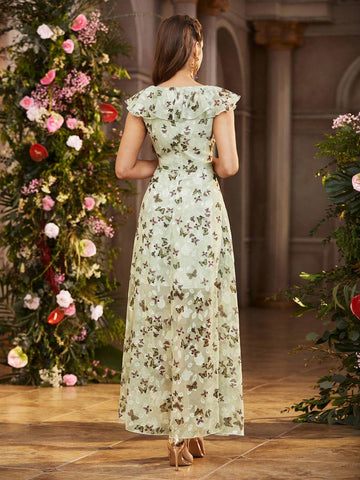 Double Crazy Women Deep V-Neck Floral Print Ruffled Dress