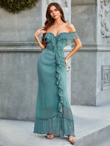 Double Crazy Women's Off Shoulder Ruffle Edge Fish Tail Evening Dress (Heavy Industry Model)