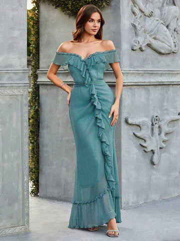 Double Crazy Women's Off Shoulder Ruffle Edge Fish Tail Evening Dress (Heavy Industry Model)