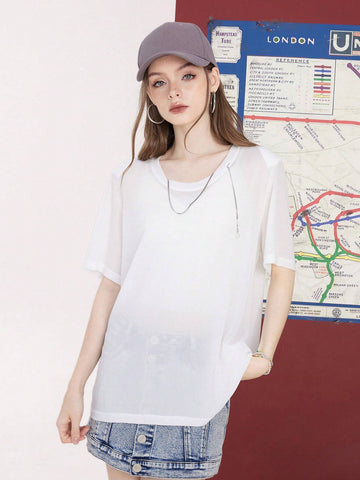 ELFSACK Knit T-Shirt Loose Suncare Tops Woman 2023 Summer Soild Colour Daily Tops
